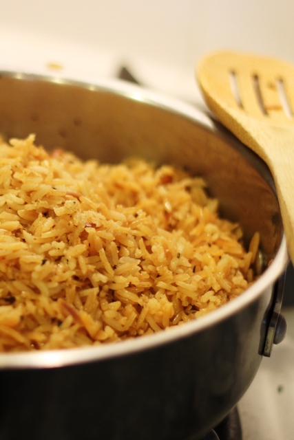 seasoned rice pilaf in the pan