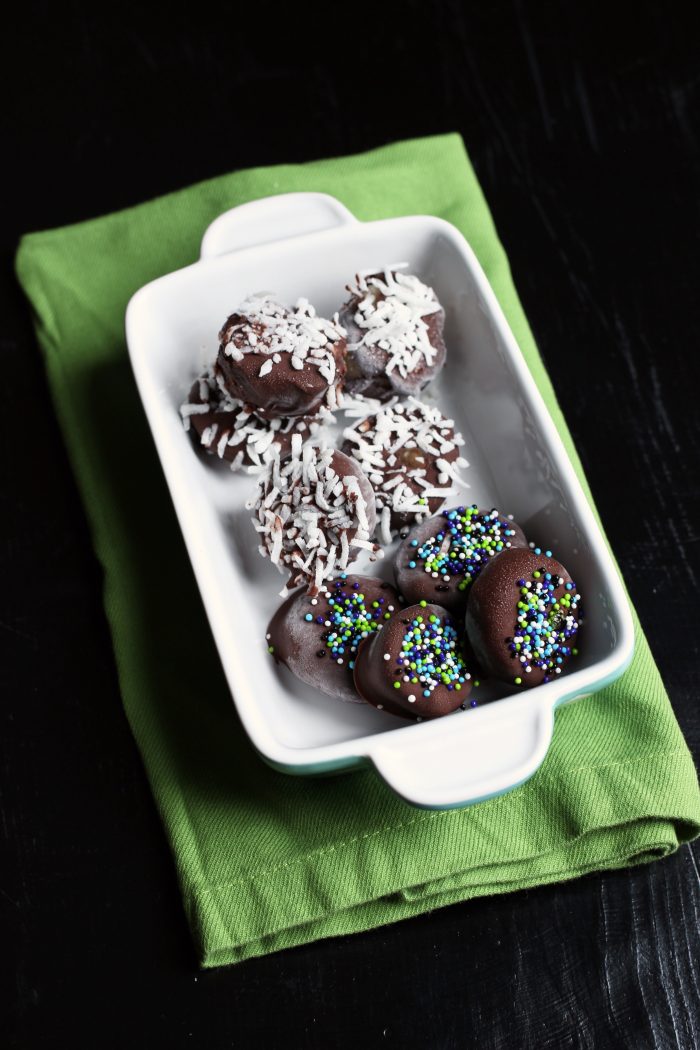frozen chocolate banana bites with sprinkles and coconut