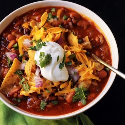 close up of chili with topping