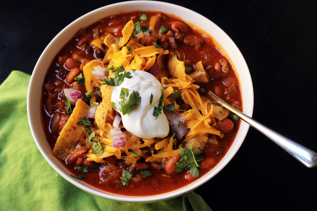 close up of chili with topping
