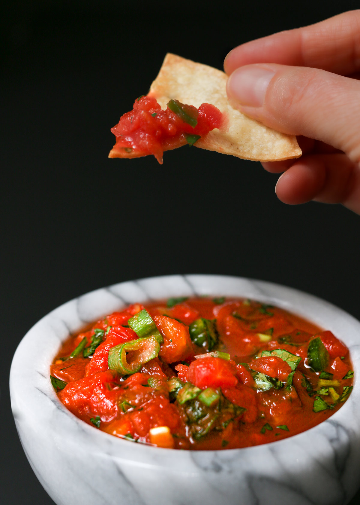 hand holding a chip with salsa over a bowl of salsa.