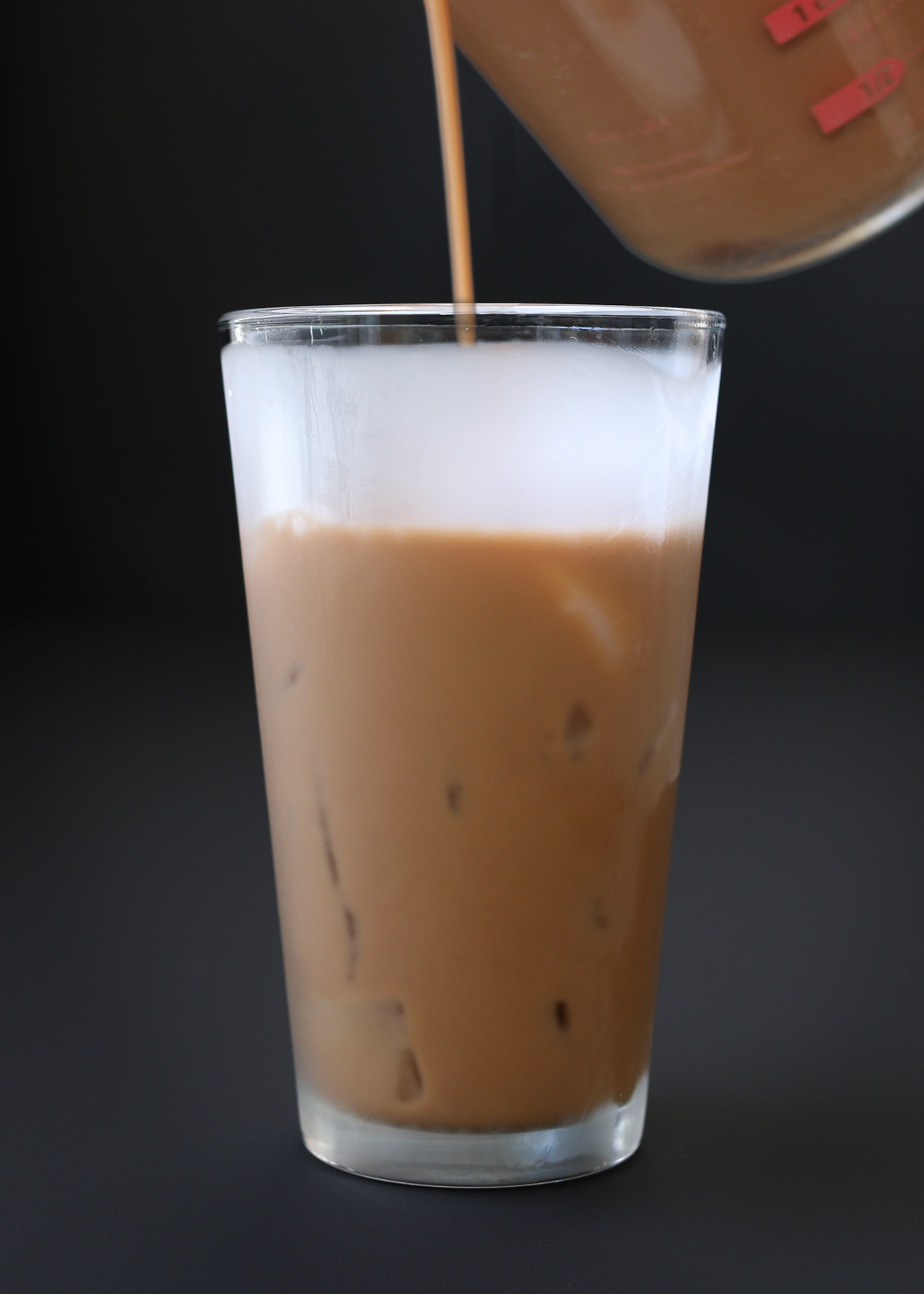pouring mocha coffee into frosty glass.