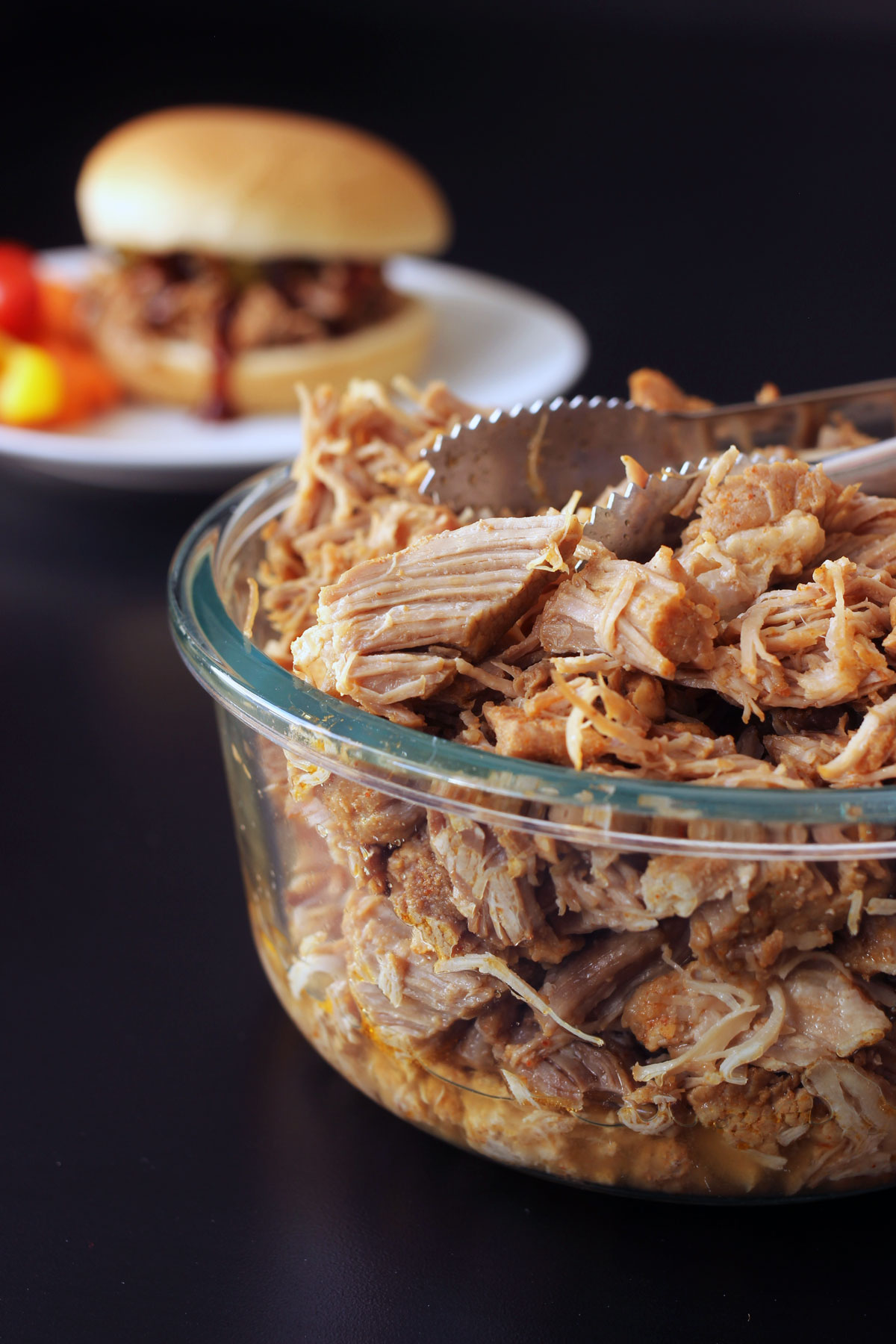 BBQ pork in glass dish