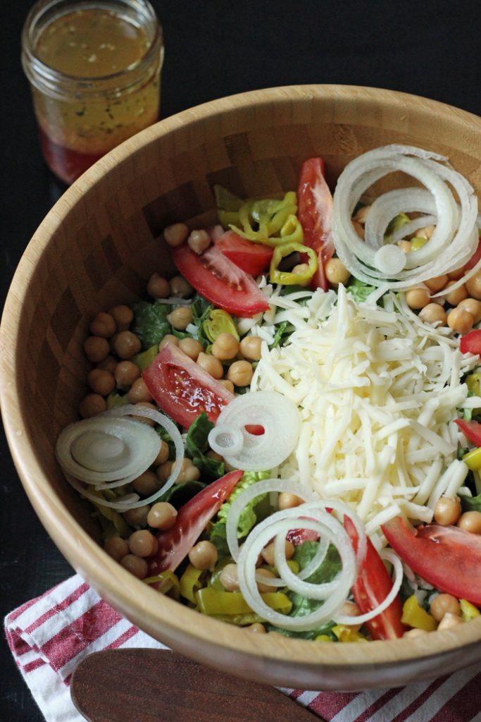 A wooden bowl of Italian Salad
