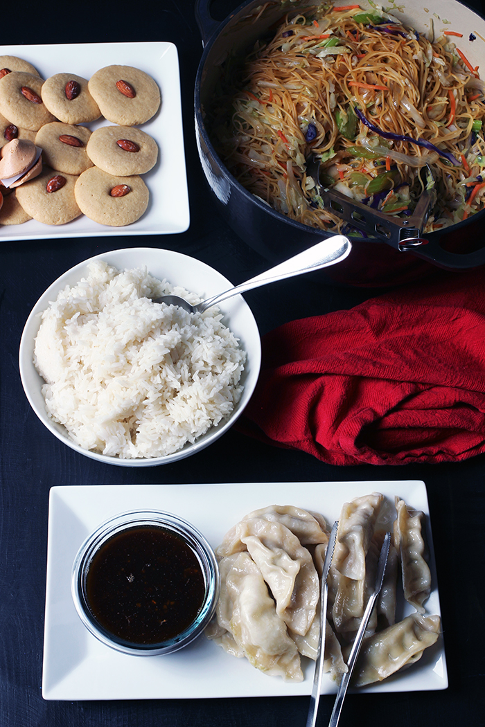 almond cookies chow mein rice and potstickers