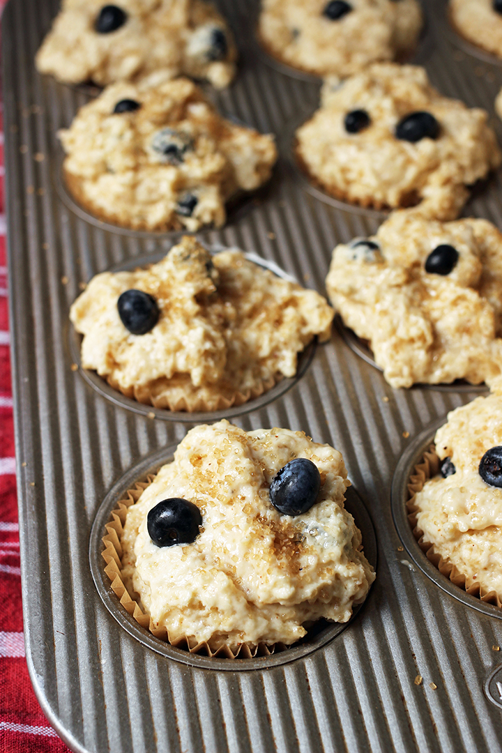 blueberry muffin batter in paper lined tins