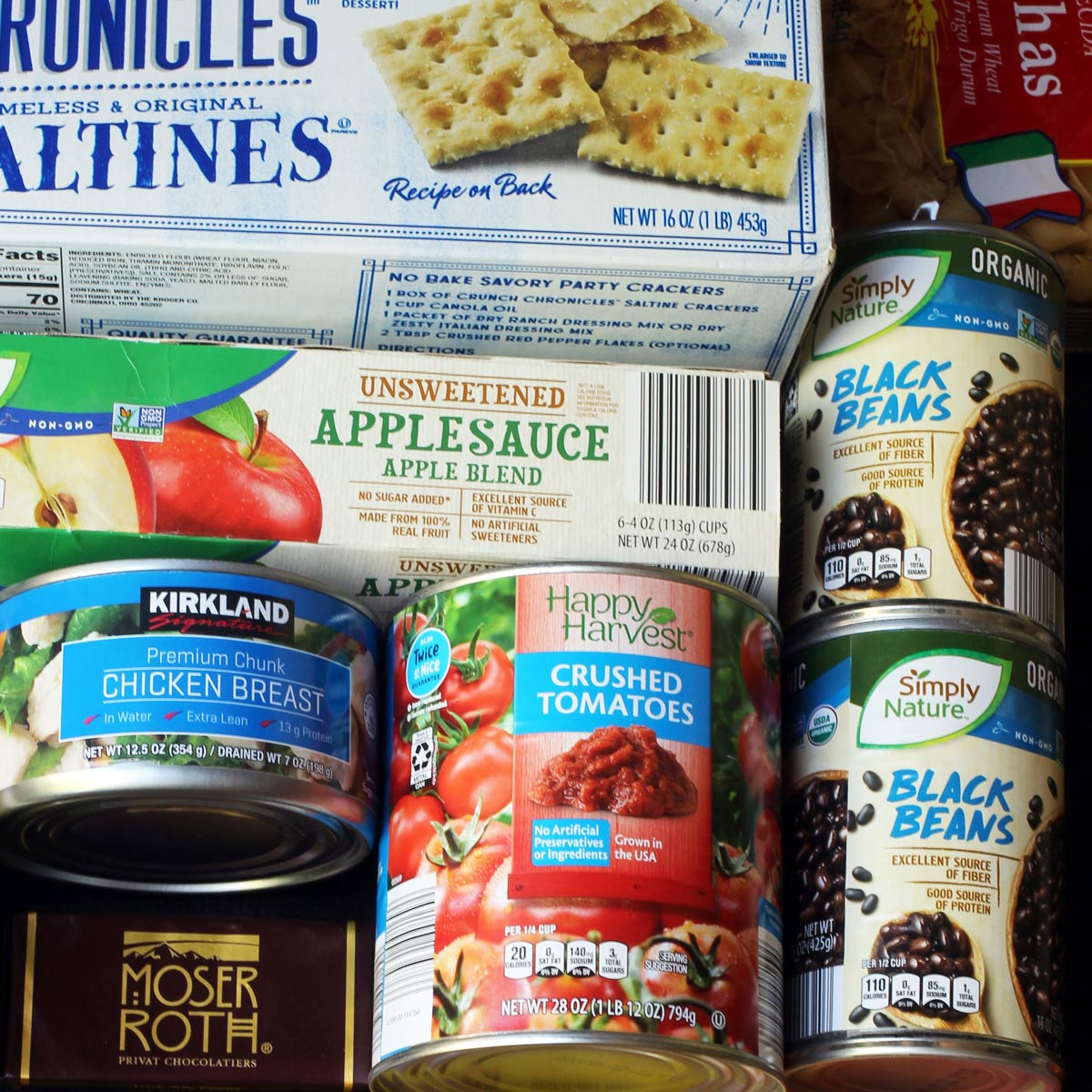 overhead shot of cans and boxed ingredients in a flatlay.