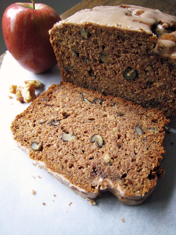 slice of glazed applesauce bread on a plate