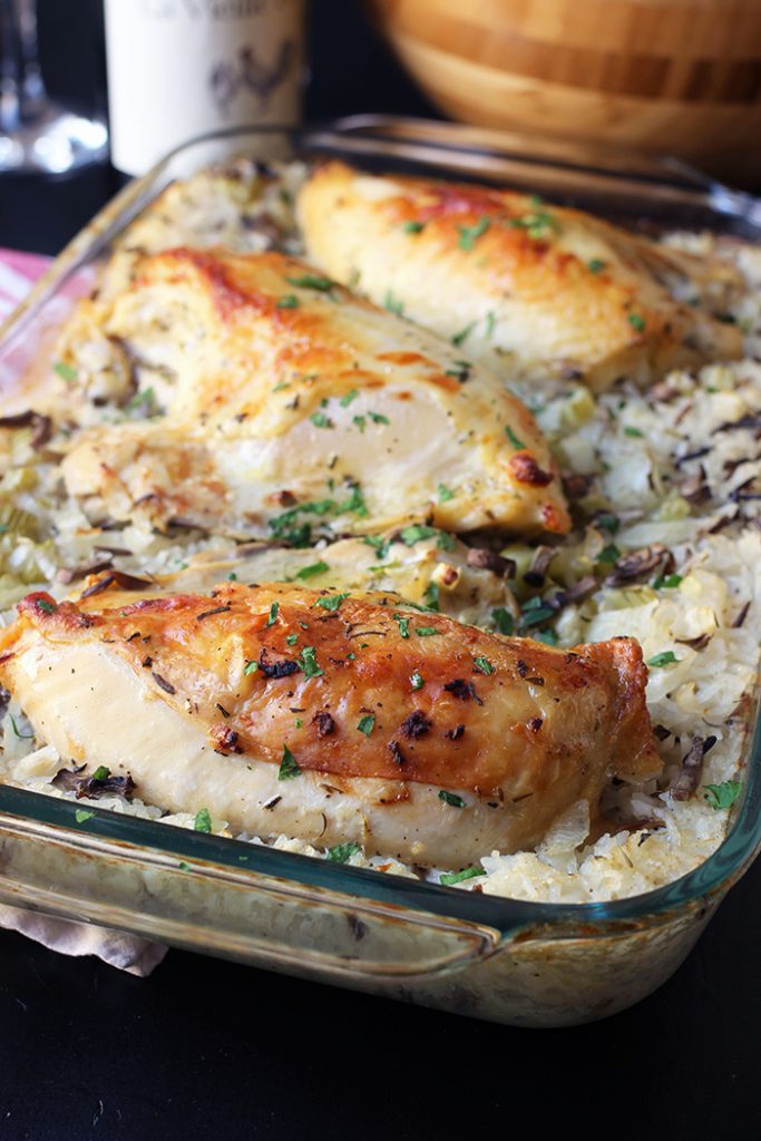 baking dish of chicken and rice