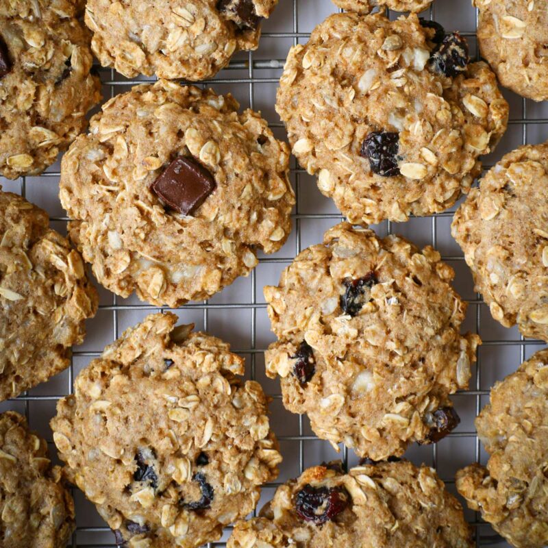 close up overhead shot of protein cookies on rack.