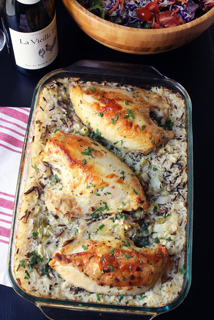 dinner table with chicken and wild rice bake