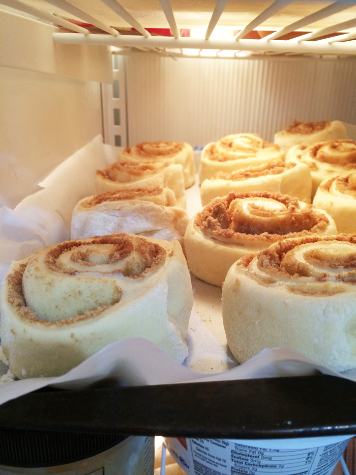 freezing cinnamon rolls on open tray in the freezer