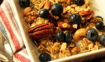 maple granola in bowl on striped napkin