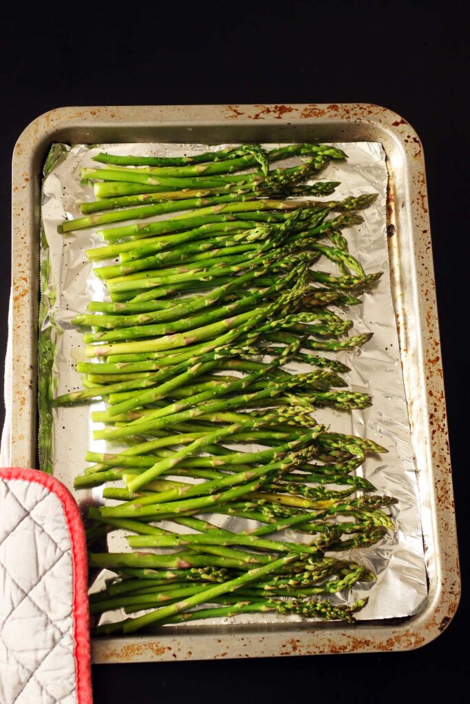 sheet of roasted asparagus
