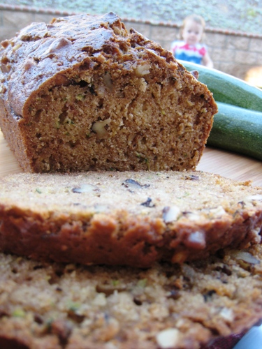 A close up of a piece of zucchini bread on cutting board