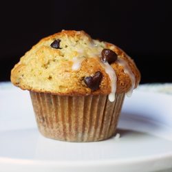 A chocolate chip muffin on a plate