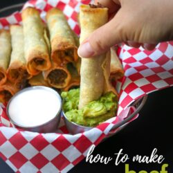 dipping taquito into guacamole, with text overlay.