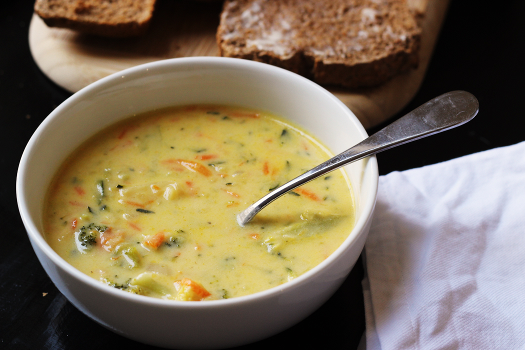 bowl of vegetable cheddar cheese soup