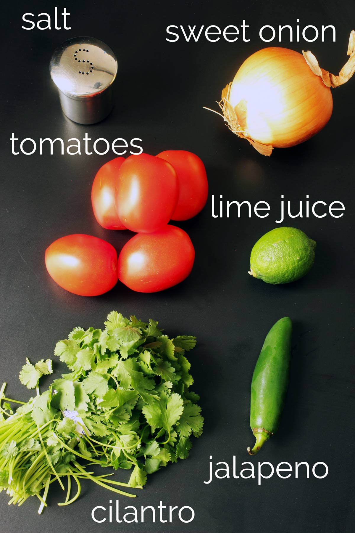 ingredients for pico on a black tabletop.