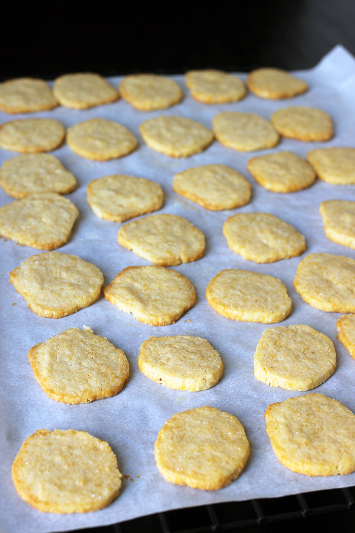 array of cheddar coins cooling on parchment