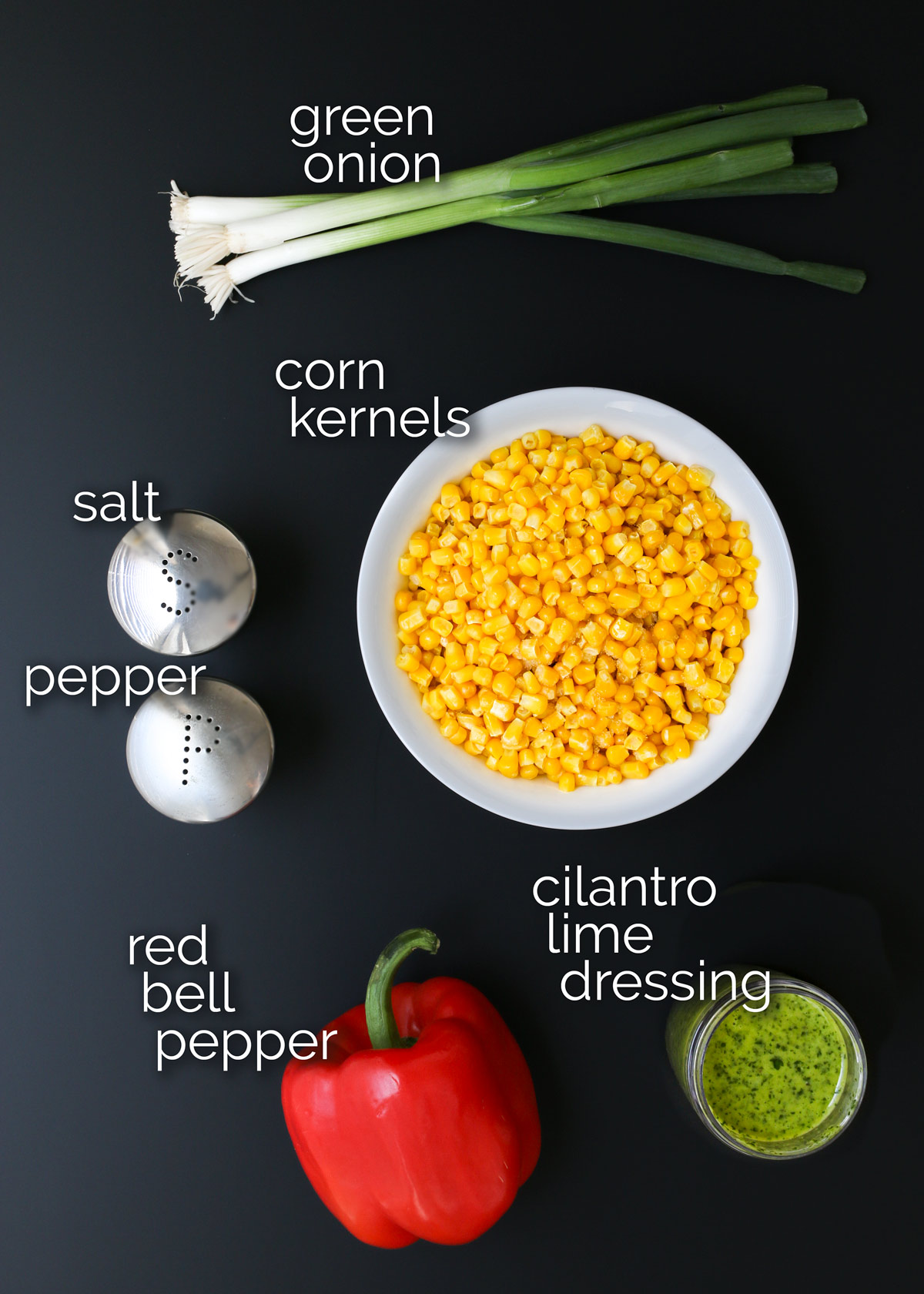 ingredients for corn salad laid out on a table top.
