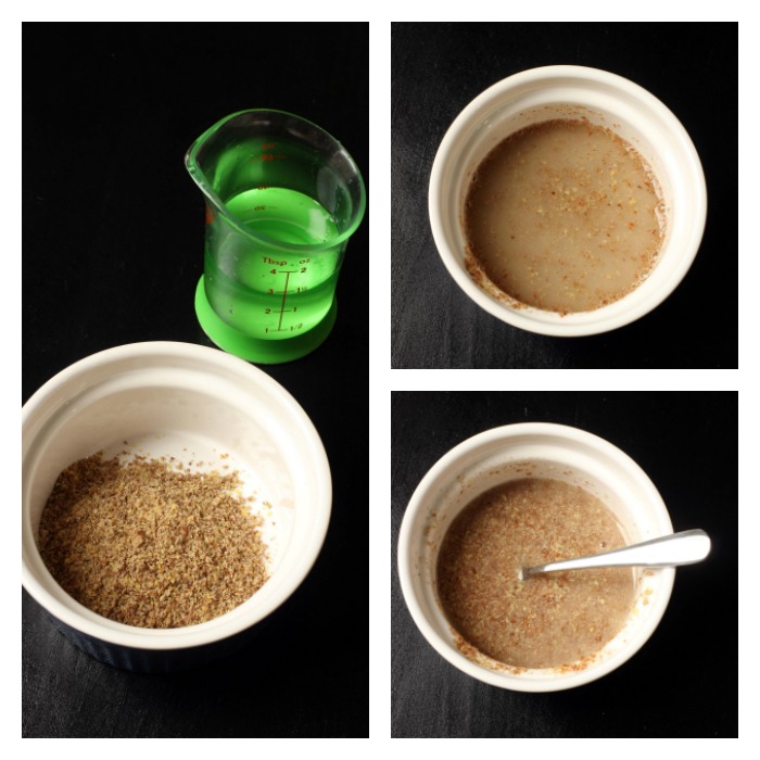 collage of steps to rehydrate flaxseed meal