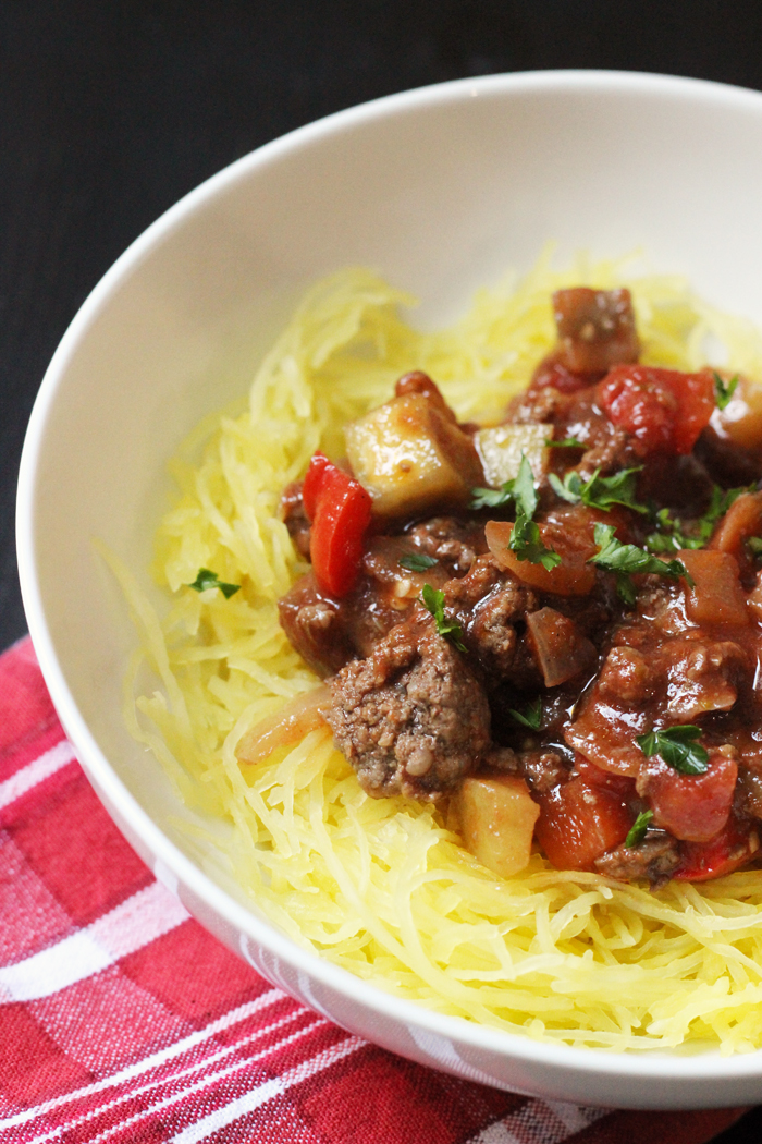 bowl of Vegetable Bolognese over spaghetti squash