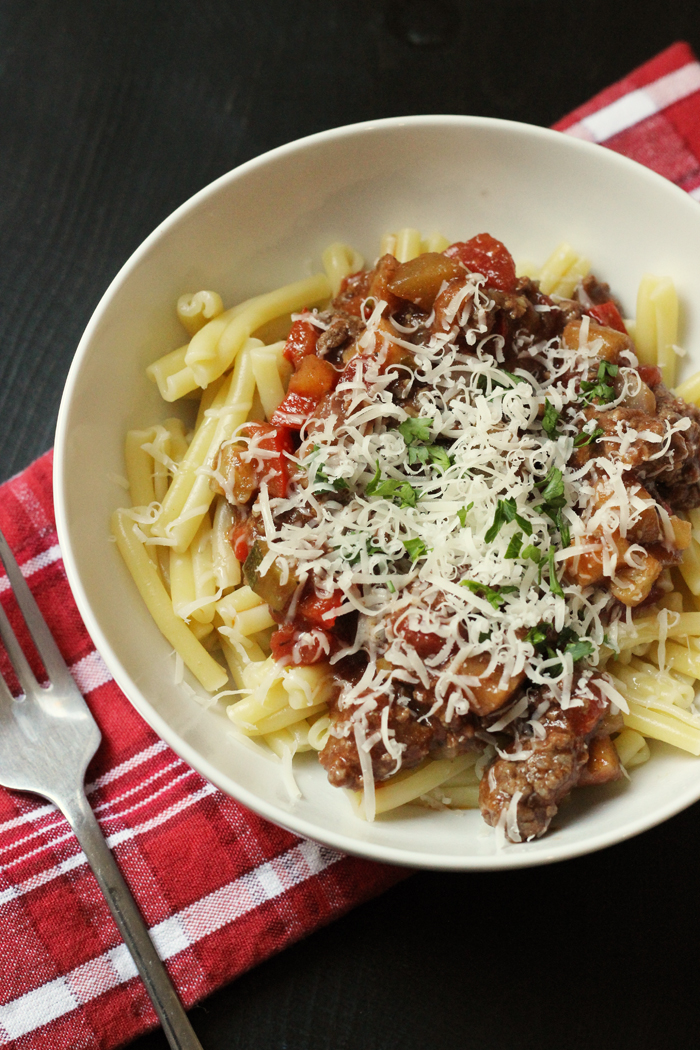 bowl of pasta with Vegetable Bolognese