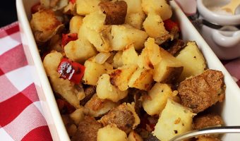 dish of home fries on red checked cloth