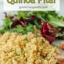 quinoa pilaf on dinner plate with other dishes, with text overlay.