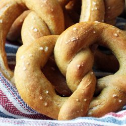 whole wheat pretzels in a lined basket