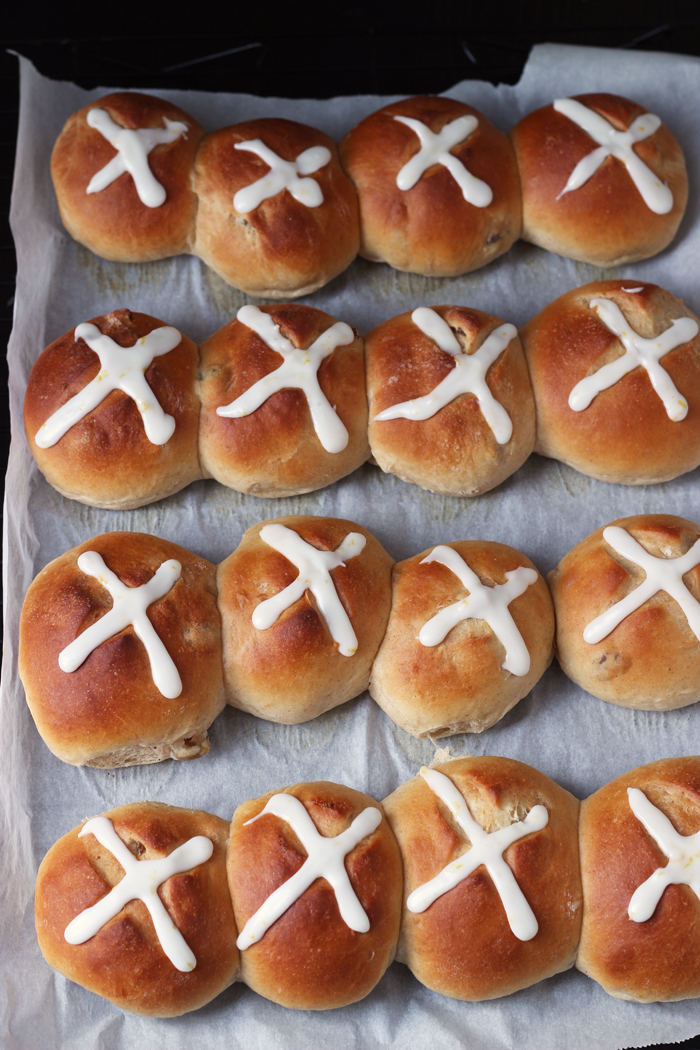 A close up of Hot cross buns on tray