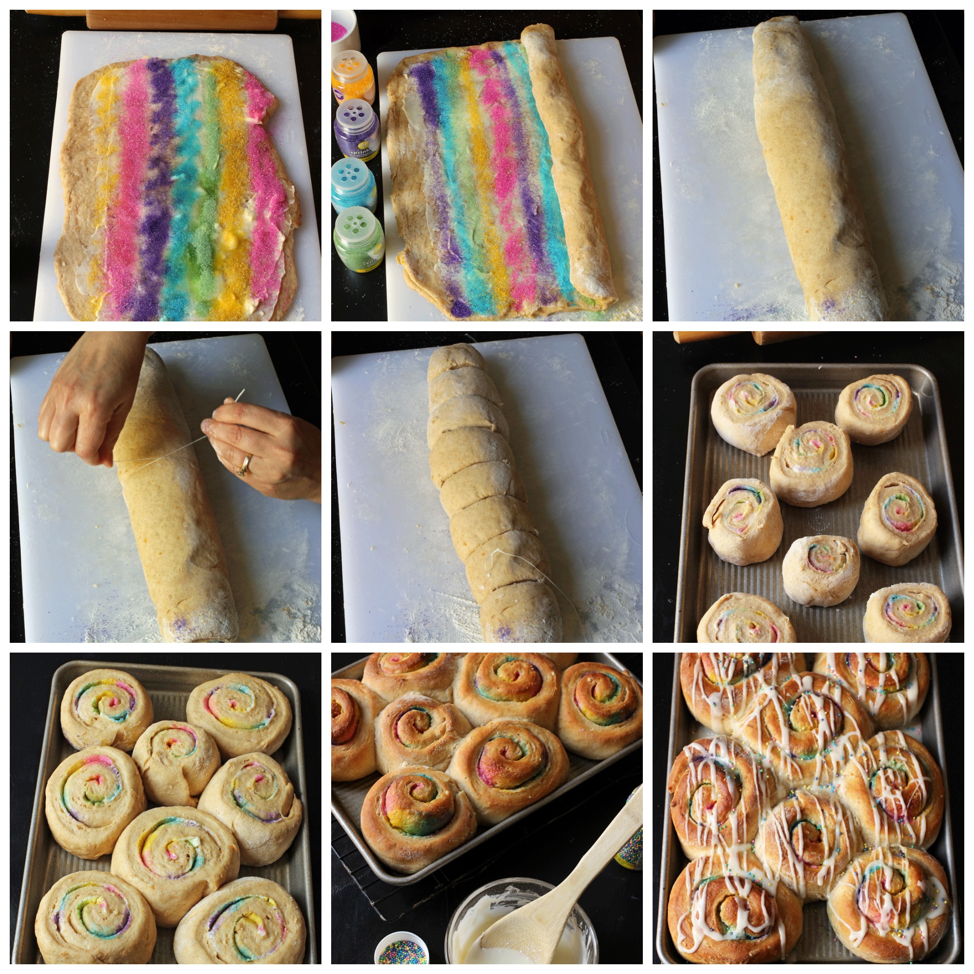 collage of step-by-step photos to make cinnamon rolls