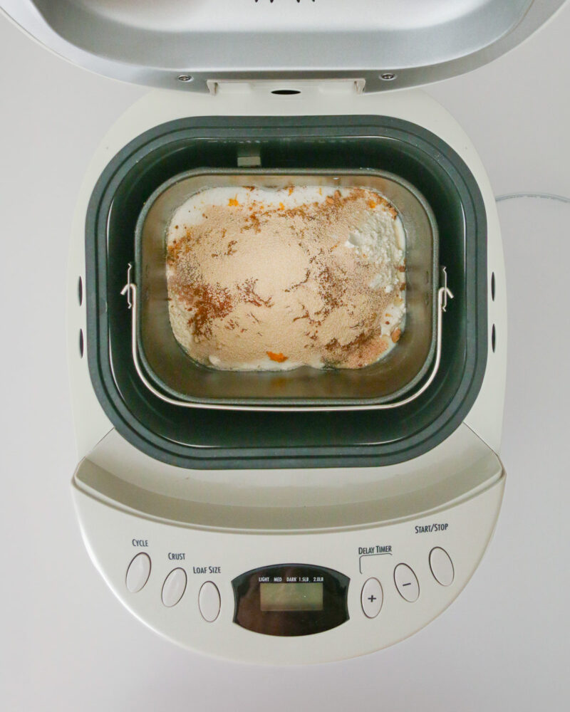 ingredients in pan of bread machine.