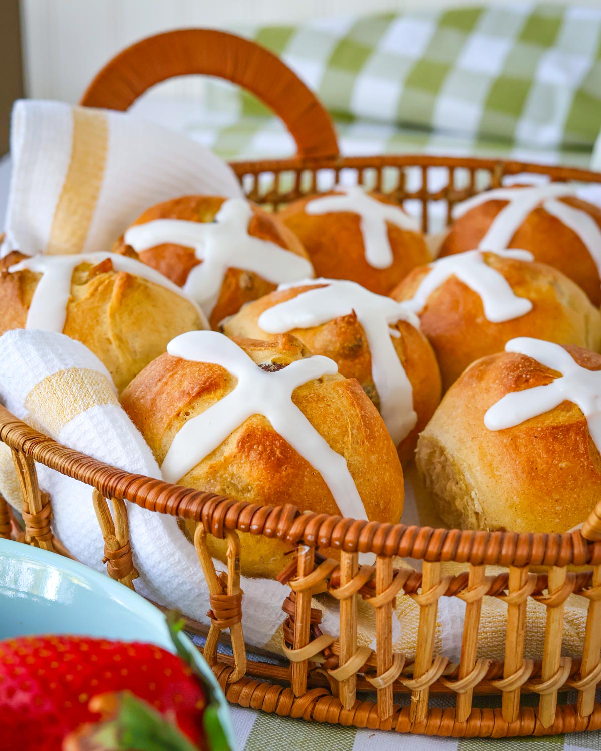 basket of hot cross buns.
