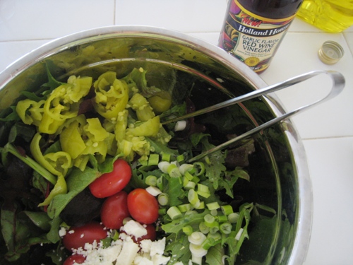 A bowl of salad, with vinegar dressing