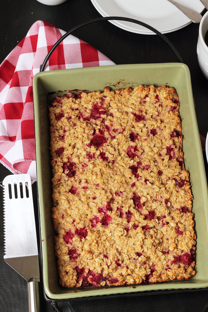 pan of raspberry baked oatmeal