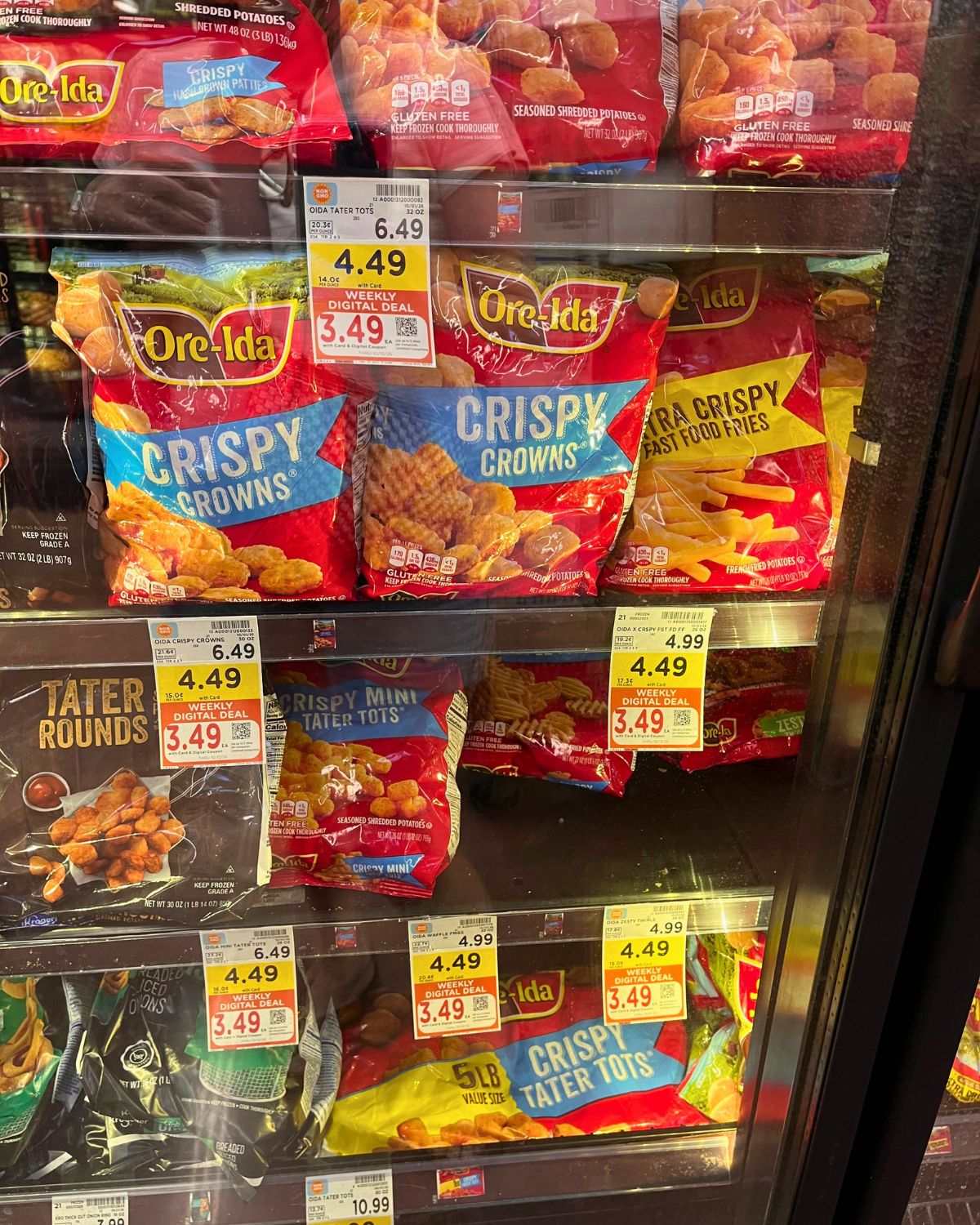 frozen potatoes in store freeze with sale tags.