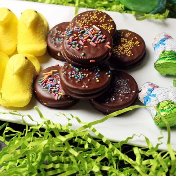 easter platter of peeps oreos and chocolate lambs