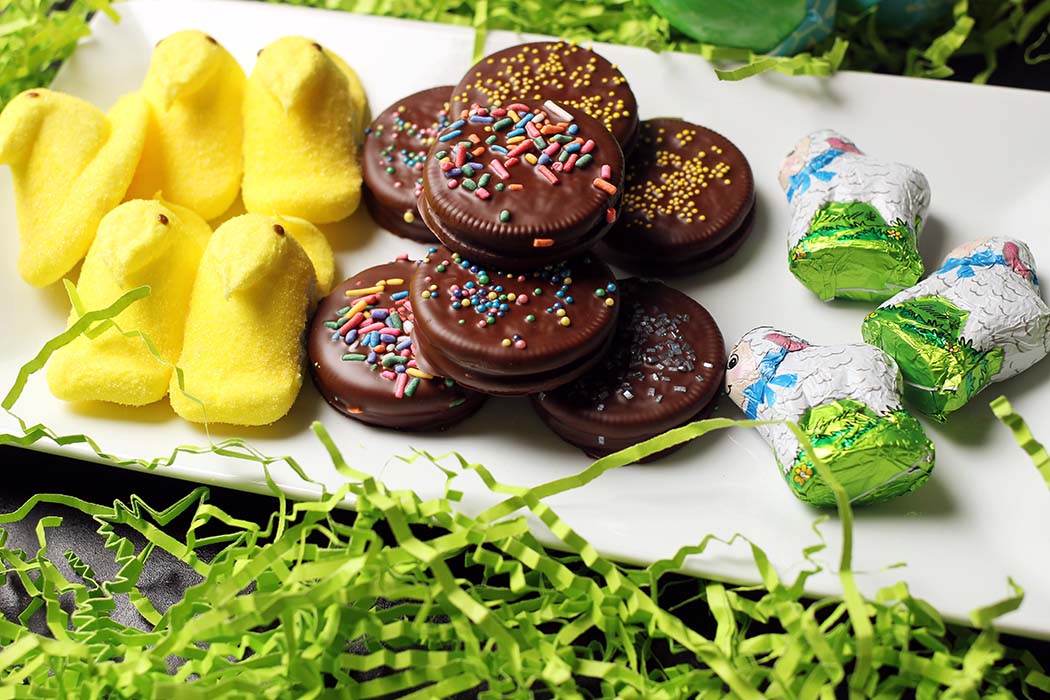 easter platter of peeps oreos and chocolate lambs