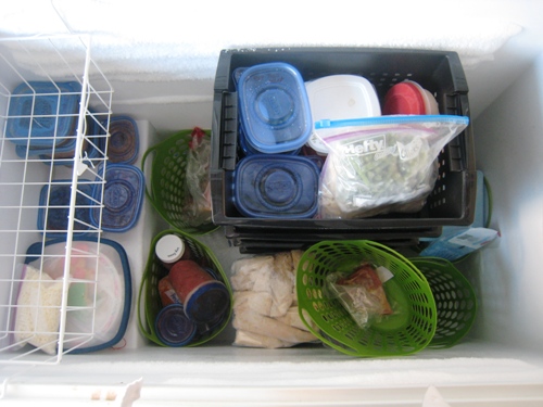 A refrigerator filled with food, sorted into baskets