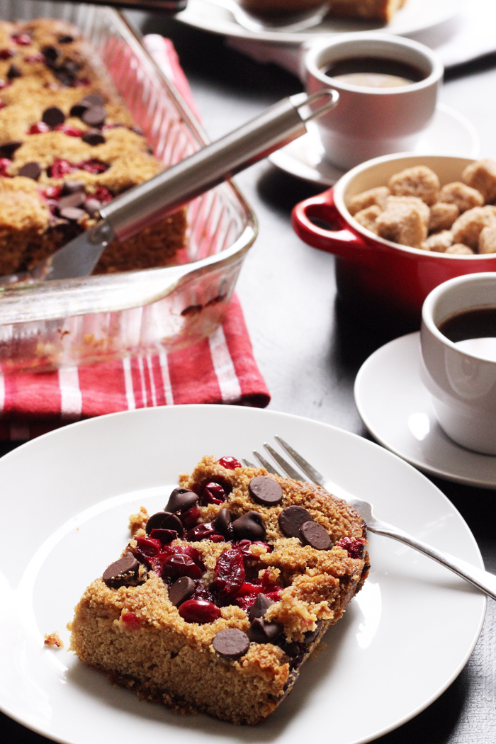 slice of cranberry chocolate chip snack cake on a plate