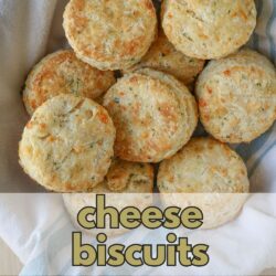 cheese biscuits in basket, with text overlay.
