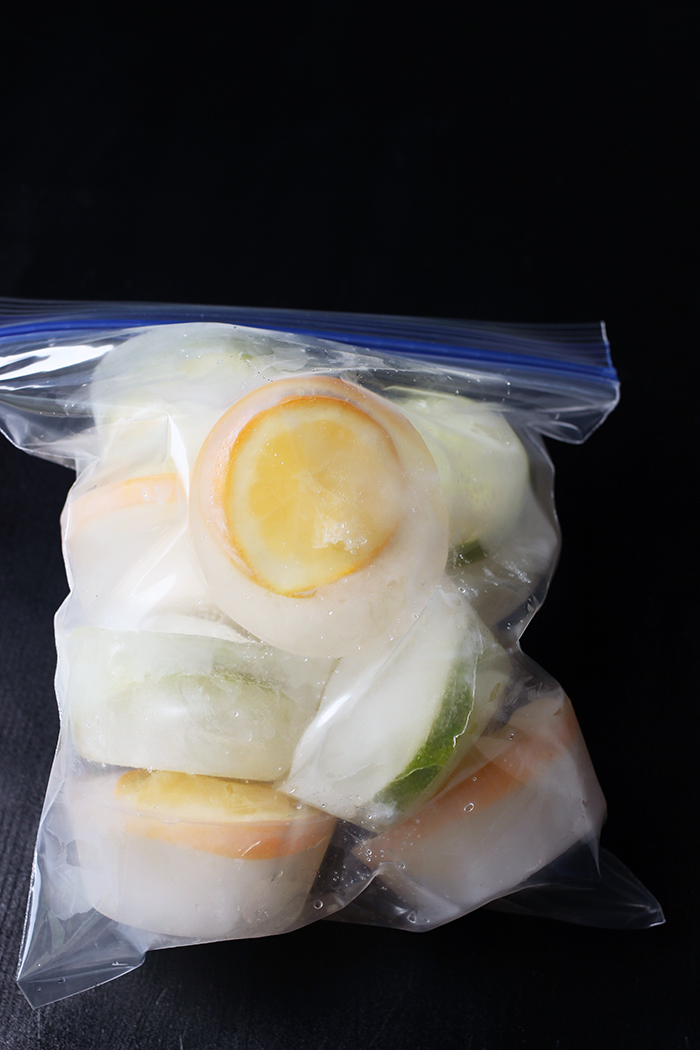 frozen lemon ice cubes in freezer bag