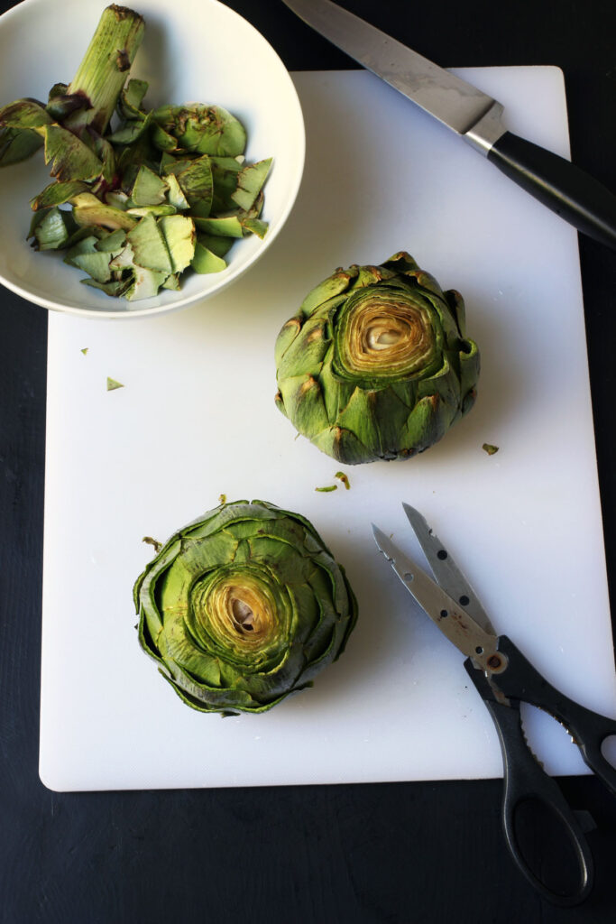 trimmed artichokes ready to cook