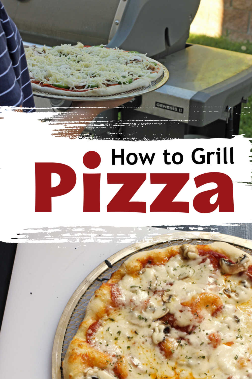 placing a pizza on the grill, with cooked pizza on side