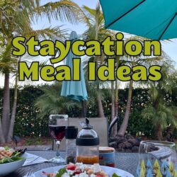 staycation scene in the backyard with a relaxing meal, text overlay.