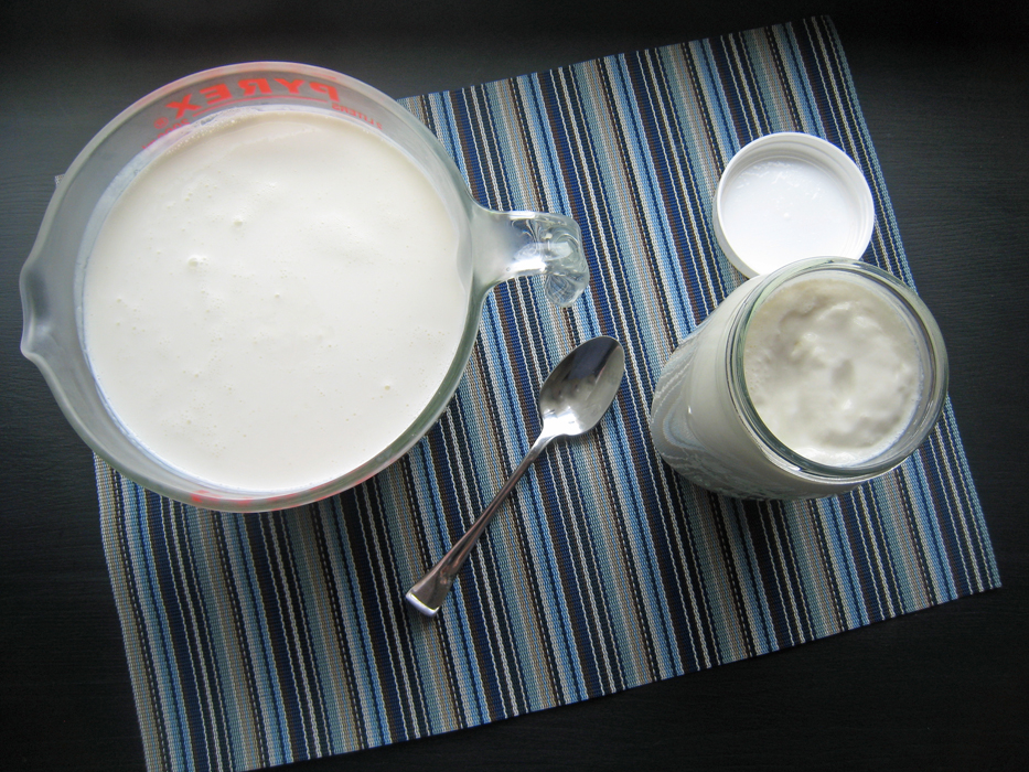 homemade yogurt in large glass bowl and glass jar