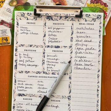 inventory worksheet on a clipboard for reverse meal planning.