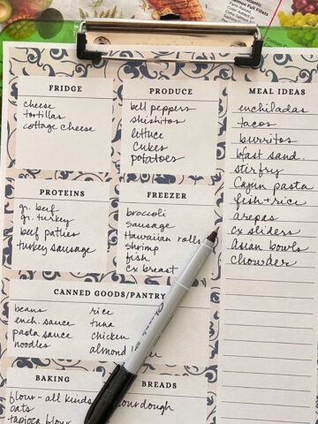 inventory worksheet on a clipboard for reverse meal planning.